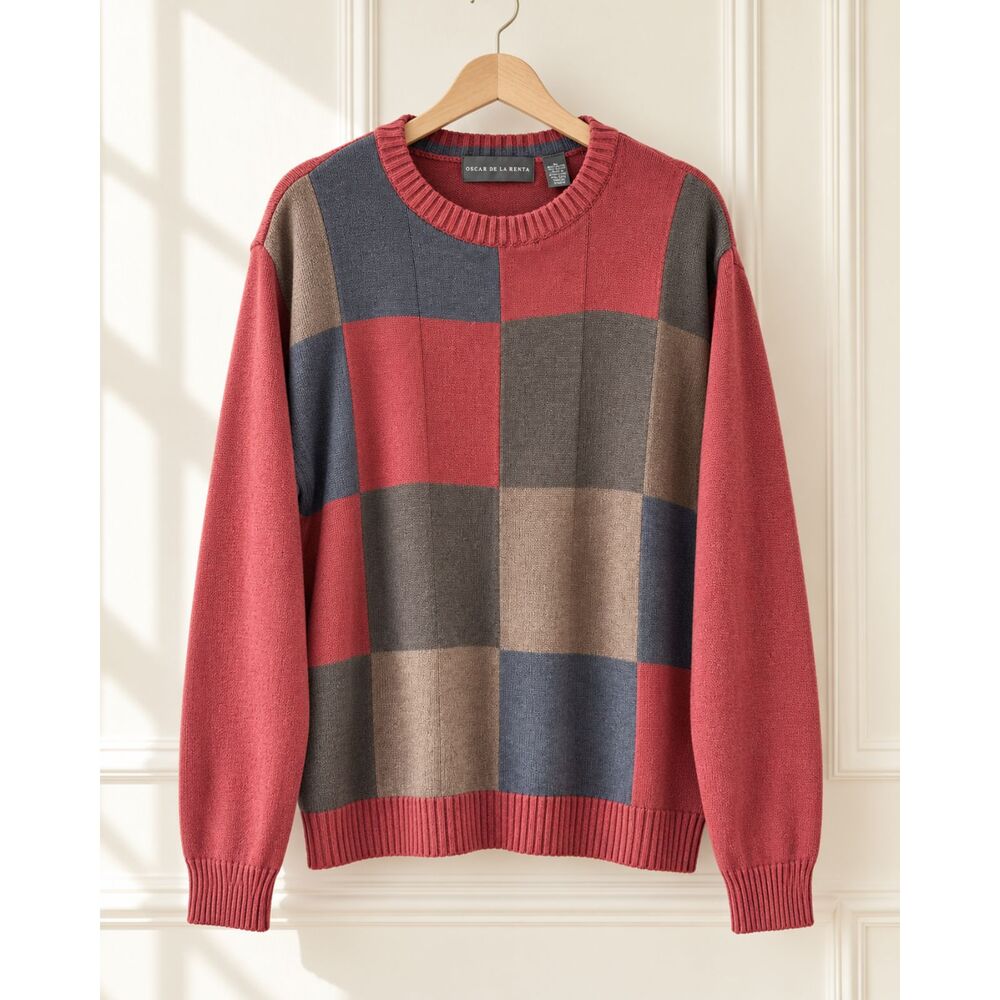 Oscar de la Renta Men’s XL Colorblock Check Crewneck Sweater Cotton Acrylic